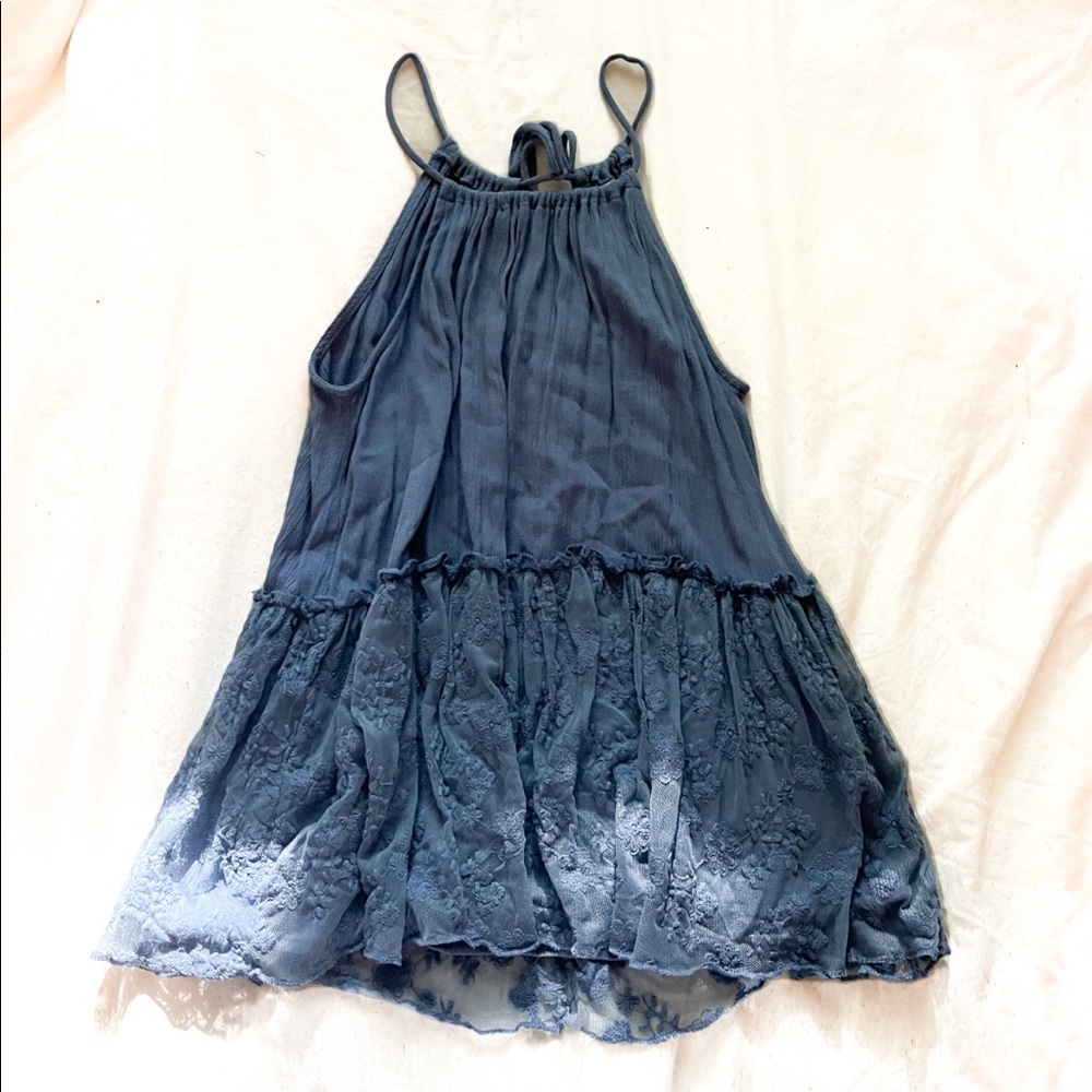 Alya Blue sleeveless top ruffled hem with flowers